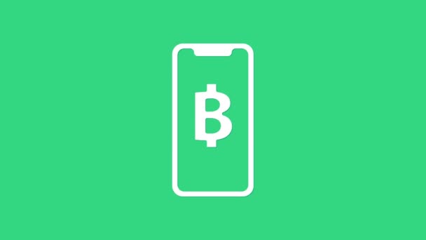 Telefono bianco cellulare e criptovaluta moneta icona Bitcoin isolato su sfondo verde. Una moneta da due soldi. Blockchain basato cripto valuta sicura. Animazione grafica 4K Video motion — Video Stock