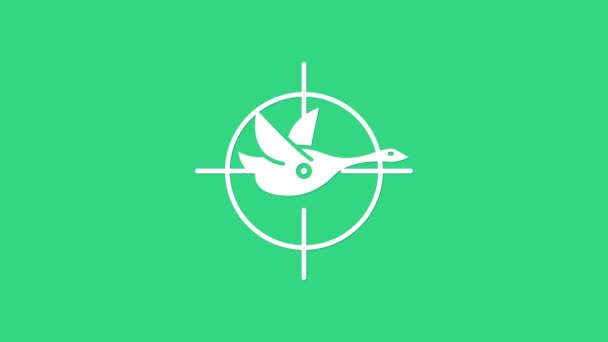 Белая охота на утку с иконкой креста на зеленом фоне. Логотип охотничьего клуба с уткой и целью. Винтовка, целящая утку. Видеографическая анимация 4K — стоковое видео