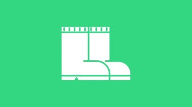 Yeşil arkaplanda beyaz balıkçı çizmeleri simgesi var. Su geçirmez lastik bot. Yağmurlu hava, balıkçılık, avcılık, bahçe işleri için çizme. 4K Video hareketli grafik canlandırması