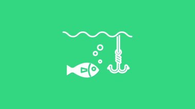 Suyun altında beyaz balık oltası ve yeşil arka planda izole edilmiş balık ikonu. Balık oltası. 4K Video hareketli grafik canlandırması