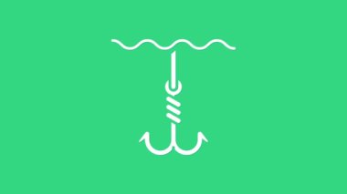 Su ikonunun altındaki beyaz balık oltası yeşil arka planda izole edilmiş. Balık oltası. 4K Video hareketli grafik canlandırması