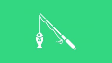 Beyaz balıkçı oltası ve balık ikonu yeşil arka planda izole edilmiş. Balıkçılık ekipmanları ve balık çiftliği konuları. 4K Video hareketli grafik canlandırması