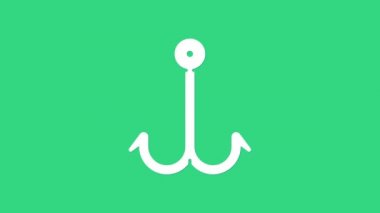 Yeşil arka planda beyaz balık oltası simgesi izole edildi. Balık oltası. 4K Video hareketli grafik canlandırması