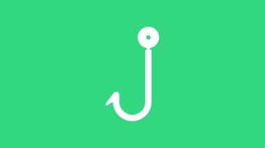 Yeşil arka planda beyaz balık oltası simgesi izole edildi. Balık oltası. 4K Video hareketli grafik canlandırması