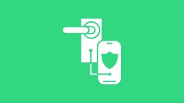 Yeşil arka planda izole edilmiş kilit ikonu için kablosuz teknolojiye sahip beyaz dijital kapı kilidi. Kapı kolu tabelası. Güvenlik akıllı ev. 4K Video hareketli grafik canlandırması