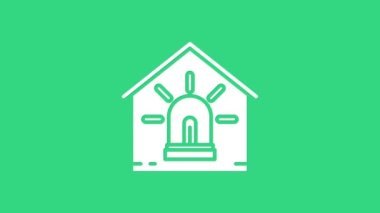 Beyaz Akıllı ev ve alarm simgesi yeşil arka planda izole edildi. Akıllı evin güvenlik sistemi. 4K Video hareketli grafik canlandırması