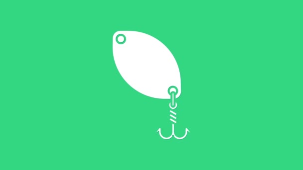 Icona cucchiaio da pesca bianco isolato su sfondo verde. Esche da pesca a forma di pesce. Attrezzatura da pesca. Animazione grafica 4K Video motion — Video Stock