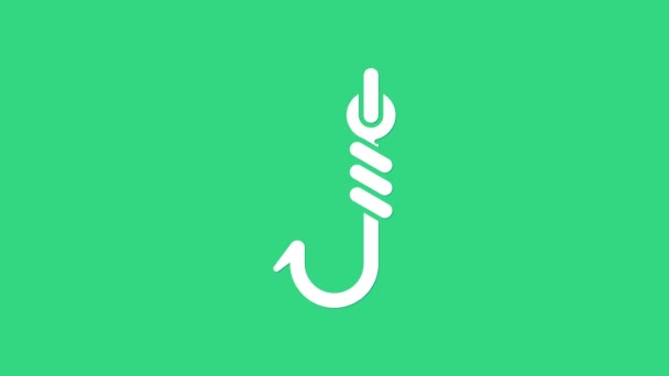 White Fishing hook icon isolated on green background. Fishing tackle. 4K Video motion graphic animation — Stock Video