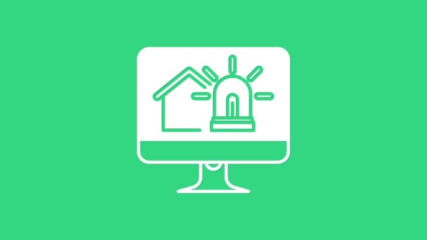 Monitor de computador branco com casa inteligente e ícone de alarme isolado no fundo verde. Sistema de segurança de casa inteligente. Animação gráfica em movimento de vídeo 4K — Vídeo de Stock