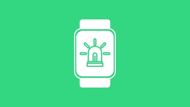 Orologio intelligente bianco con smart house e icona di allarme isolato su sfondo verde. Sistema di sicurezza di smart home. Animazione grafica 4K Video motion — Video Stock