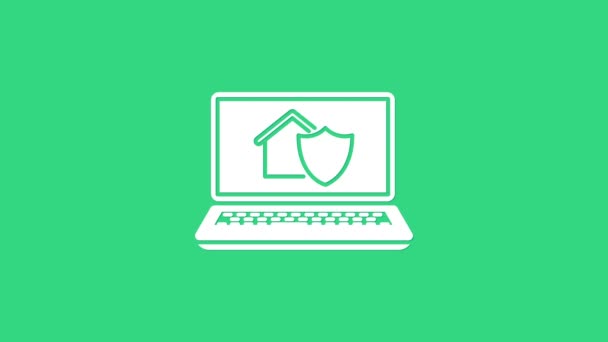 Bílý notebook s domem pod ochranou ikony izolované na zeleném pozadí. Ochrana, bezpečnost, ochrana, obrana, obrana. Grafická animace pohybu videa 4K — Stock video