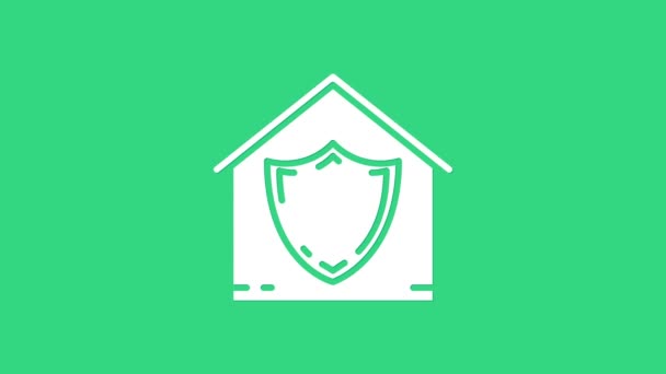 Bílý dům pod ochranou ikony izolované na zeleném pozadí. Ochrana, bezpečnost, ochrana, obrana, obrana. Grafická animace pohybu videa 4K — Stock video