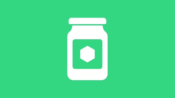 Jar Putih ikon madu diisolasi dengan latar belakang hijau. Bank makanan. Simbol makanan alami yang manis. Animasi grafis gerak Video 4K — Stok Video