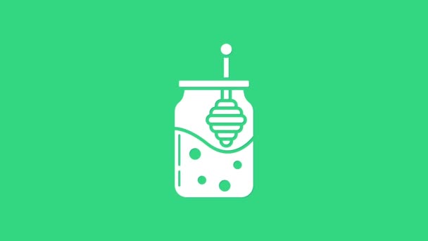 Witte pot honing en honing dipper stick pictogram geïsoleerd op groene achtergrond. Voedselbank. Zoete natuurlijke voedsel symbool. Honinglepel. 4K Video motion grafische animatie — Stockvideo