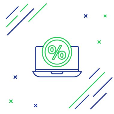 Beyaz arkaplanda çizgi sembolü indirimi ve dizüstü bilgisayar simgesi izole edildi. Satış yüzdesi - fiyat etiketi, etiket. Renkli taslak konsepti. Vektör.