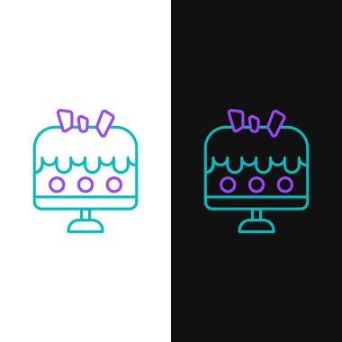 Tabak simgesindeki Çizgi Keki beyaz ve siyah arkaplanda izole edildi. Doğum günün kutlu olsun. Renkli taslak konsepti. Vektör.