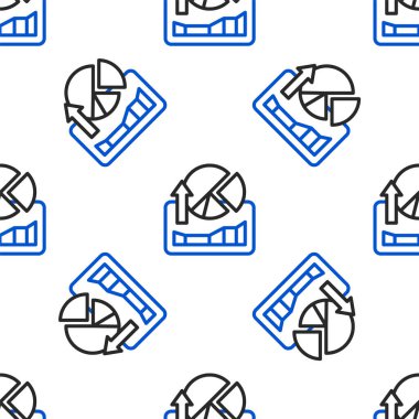 Çizgi borsası büyüme grafikleri ve para simgesi beyaz arka planda izole edilmiş kusursuz desen. Ekranda ok grafikleri olan bir monitör. Renkli taslak konsepti. Vektör.