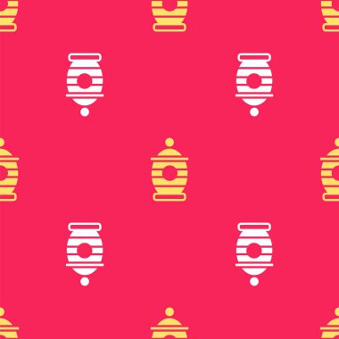 Sarı Cenaze Vazosu ikonu kırmızı arka planda izole edilmiş pürüzsüz desen. Yakma ve gömme kapları, kolumbaryum vazolar, küllü kavanozlar ve kaplar. Vektör.