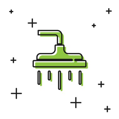 Beyaz zemin üzerinde su damlaları akan siyah duş başlığı izole edilmiş. Vektör.