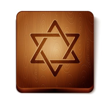 David 'in Kahverengi Yıldızı simgesi beyaz arkaplanda izole edilmiş. Yahudi dini sembolü. İsrail 'in sembolü. Tahta kare düğme. Vektör.