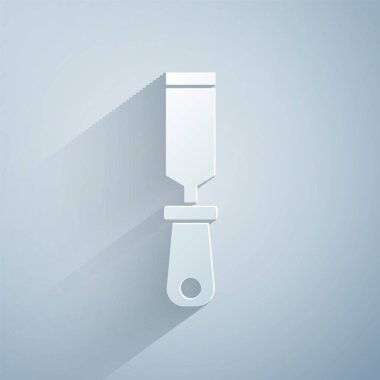 Kağıt kesiği Rasp metal dosya simgesi gri arkaplanda izole edildi. Ahşap ve metalle çalışmak için Rasp. Tezgah ve atölye için alet. Kağıt sanatı tarzı. Vektör.