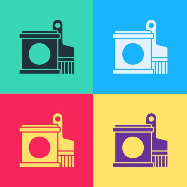 Pop Art Boya Kovası ve Fırça Simgesi renkli arka planda izole edilmiş. Vektör.