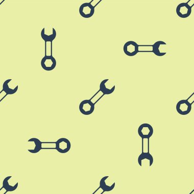 Mavi İngiliz anahtarı simgesi sarı arkaplanda izole edilmiş pürüzsüz desen. Vektör.