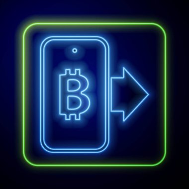 Mobil ikondan parlayan neon madencilik bitcoin mavi arka planda izole edildi. Kripto para birimi madenciliği, engelleme zinciri teknoloji servisi. Vektör.