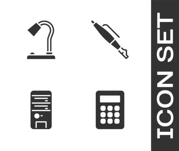 Set Taschenrechner Tischlampe Computer Und Füllfederhalter Symbol Vektor — Stockvektor