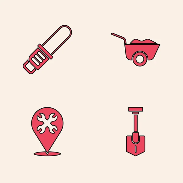 Set Shovel Chainsaw Wheelbarrow Location Wrench Icon Vector — 스톡 벡터