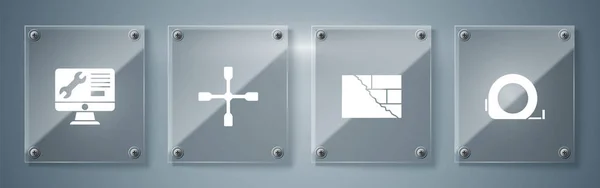 ルーレット構築 レンガ ホイールレンチ コンピューターモニターサービスを設定します 正方形のガラスパネル ベクトル — ストックベクタ