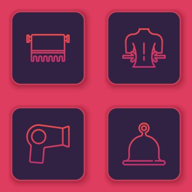 Havluyu askıya, saç kurutma makinesine, masaja ve sauna şapkasına ayarla. Mavi kare düğme. Vektör.