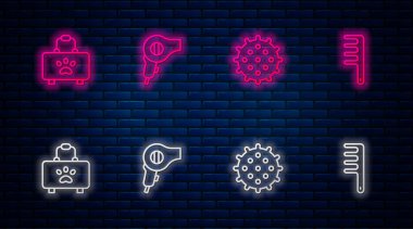 Saç kurutma makinesi, tenis topu, evcil hayvan ilk yardım çantası ve kedi ve köpek için fırça. Tuğla duvarda parlayan neon simgesi. Vektör.