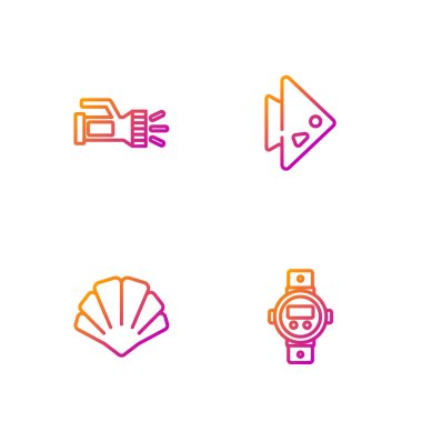 Halat dalış saati, deniz kabuğu, fener ve balık ayarlayın. Renk simgeleri. Vektör.