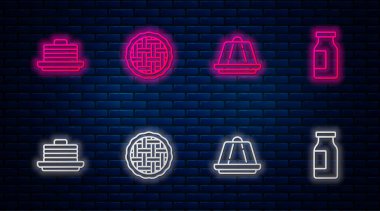 Ev yapımı turta, puding, krep yığını ve sütlü şişe. Tuğla duvarda parlayan neon simgesi. Vektör.