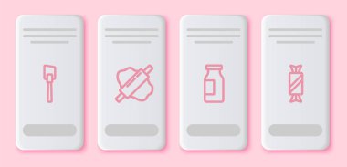 Çizgi Spatula, hamurda merdane, sütle şeker şişesi. Beyaz dikdörtgen düğme. Vektör.