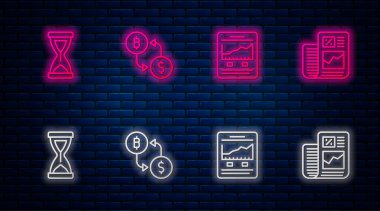 Kripto döviz borsası, büyüme grafiği olan web sitesi, Eski Kum Saati ve İş Mali Raporu. Tuğla duvarda parlayan neon simgesi. Vektör.