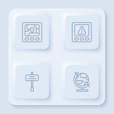 GPS cihazını harita, hata, trafik işareti ve Dünya küresiyle ayarla. Beyaz kare düğme. Vektör.