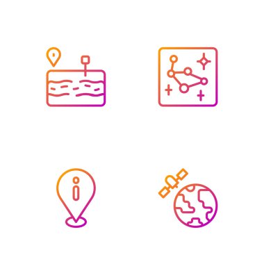 Gezegenin yörüngesindeki uydu hatlarını, bilgili konumu, bozuk yolu ve Büyük Ayı takımyıldızını ayarla. Renk simgeleri. Vektör.