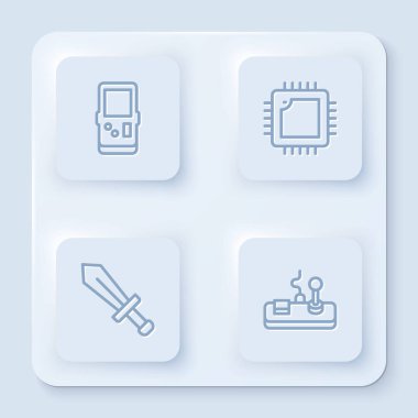 Tetris satırını ayarla, İşlemci ile işlemci, Oyun ve Oyun Alanı Kılıcı. Beyaz kare düğme. Vektör.