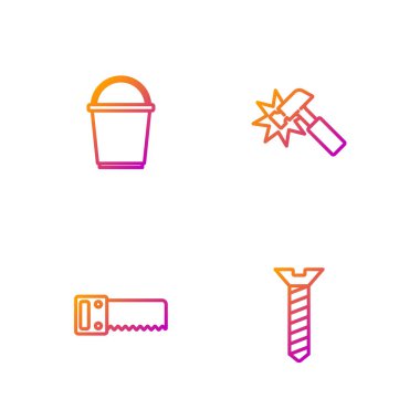 Metalik vida, el testeresi, kova ve çekiç ayarlayın. Renk simgeleri. Vektör.