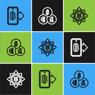 Cep telefonundan bitcoin madenciliği, Yen ve döviz simgesiyle madeni para çıkarmayı ayarlayın. Vektör.