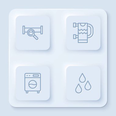 Endüstri hattı metalik boru, ısıtmalı havlu rayı, çamaşır makinesi ve su damlası. Beyaz kare düğme. Vektör.