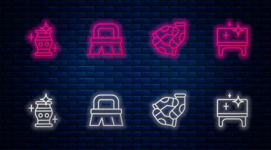 Temizlik, çorap, temiz vazo ve masa için sıra fırçasını hazırlayın. Tuğla duvarda parlayan neon simgesi. Vektör.