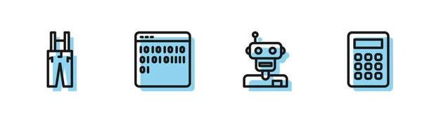 Set Line Robot Pants Suspenders Binary Code Calculator Icon Vector — 스톡 벡터