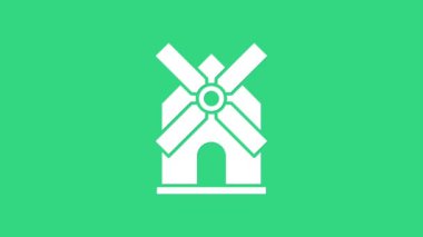 Beyaz yel değirmeni simgesi yeşil arkaplanda izole edildi. 4K Video hareketli grafik canlandırması