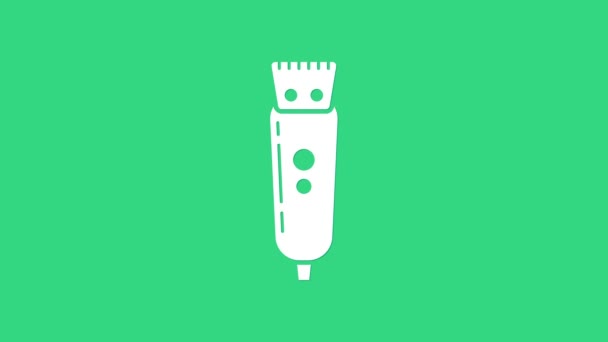 Corte de pelo eléctrico blanco o icono de la máquina de afeitar aislado sobre fondo verde. Símbolo de barbería. Animación gráfica de vídeo 4K — Vídeo de stock
