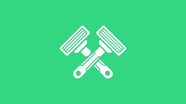 White Crossed shaving razor icon isolated on green background. 4K Video motion graphic animation — Stock Video