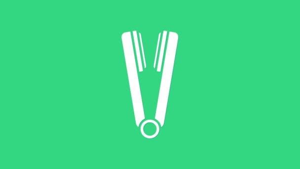 Vit locktång för hår ikon isolerad på grön bakgrund. Hår plattång ikon. 4K Video motion grafisk animation — Stockvideo