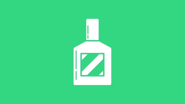 緑色の背景に白のアフターシェービングアイコン。ケルンスプレーアイコン。男性香水瓶。4Kビデオモーショングラフィックアニメーション — ストック動画